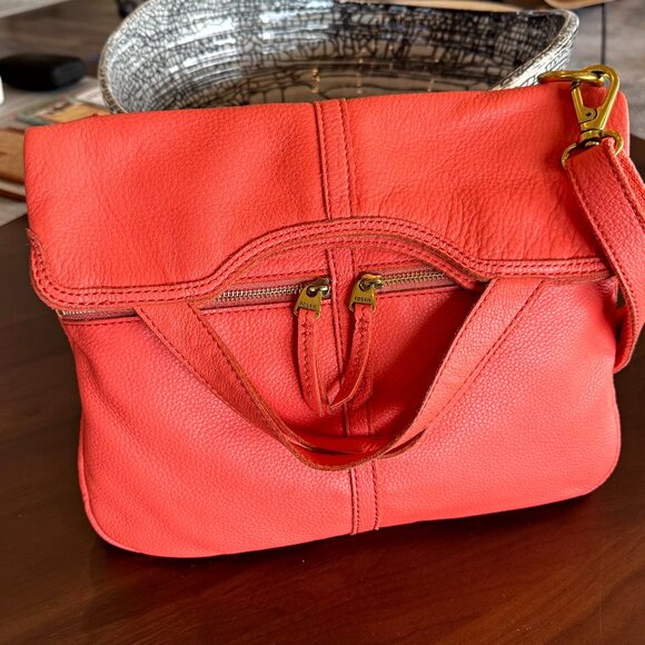 FOSSIL Erin Top Handle Fold-over Crossbody Shoulder Bag Pebbled Leather Coral - Picture 8 of 13